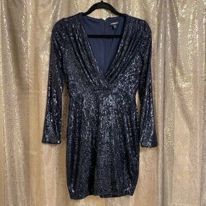 Express Navy Blue Long Sleeve Sequin Surplice Style Mini Dress, XS